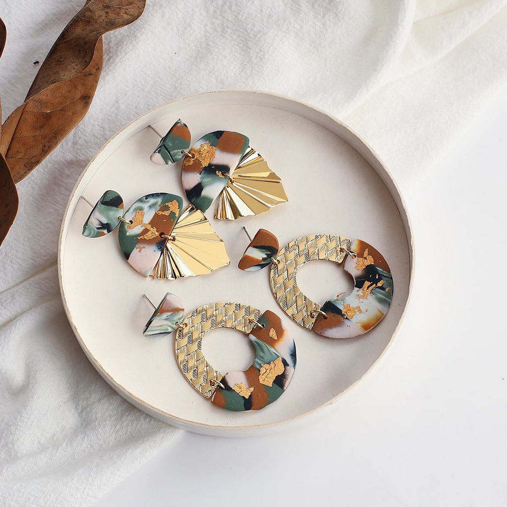 Lifefontier Handmade Polymer Clay Drop Earrings for Women Fashion Abstract Pattern Clay Metal Dangle Unusual Earrings Jewelry