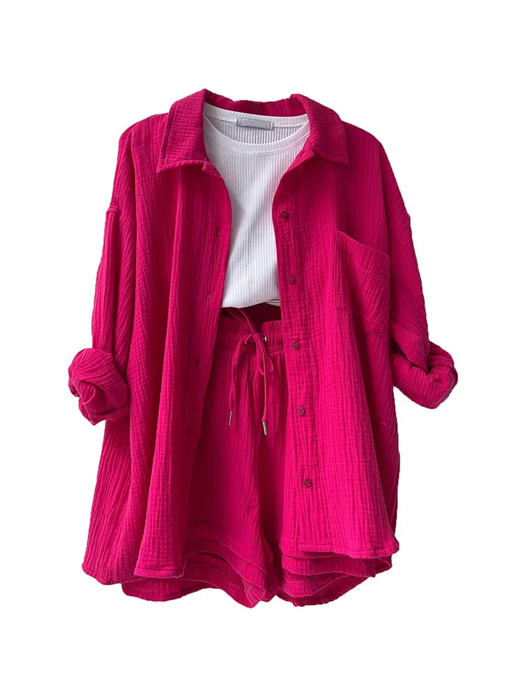 Summer Women's Suit Short Sets Outfits Muslin Suit For Women 2025 Two Piece Female Clothing Solid Button Outfits