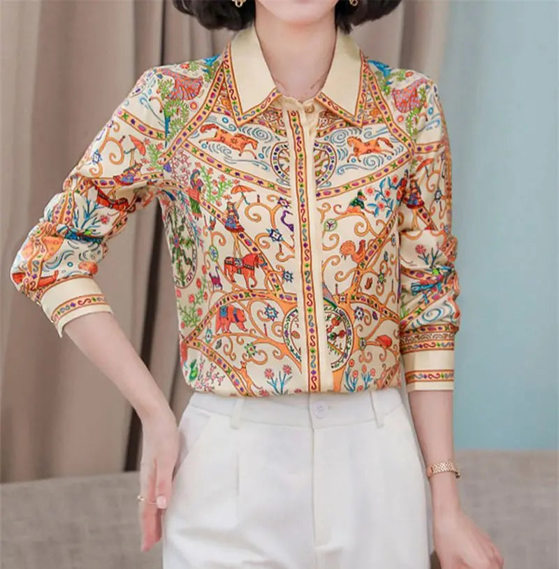S-3XL Vintage Women Shirt Slim Autumn Long Sleeve Luxury Print Blouses Casual Tops Elegant Blusas рубашка женская قمصان وبلو