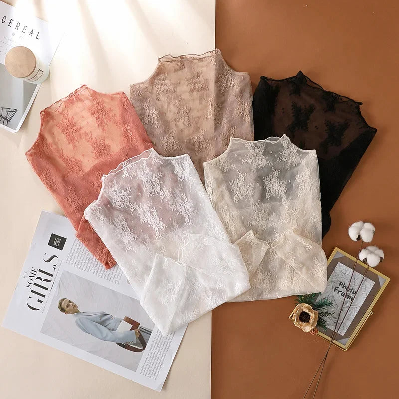 New Women Floral Lace Shirt Spring Autumn Long Sleeve Sexy Mesh Bottoming Shirts Mock Neck Blouse T-Shirt Pullover Top