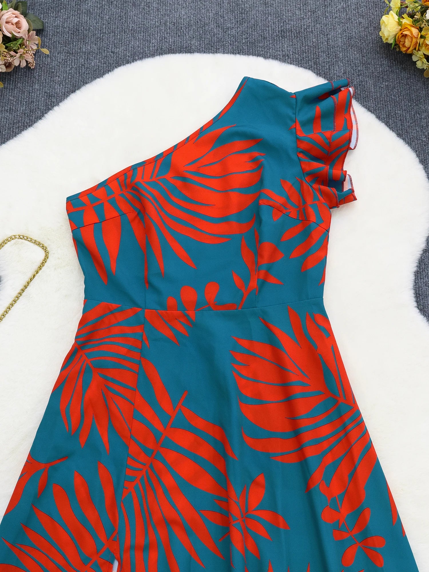 One Shoulder Tropical Print Maxi Dress for Women Split Hem Elegant Casual Style Woven Spring/Summer/Fall Vestido