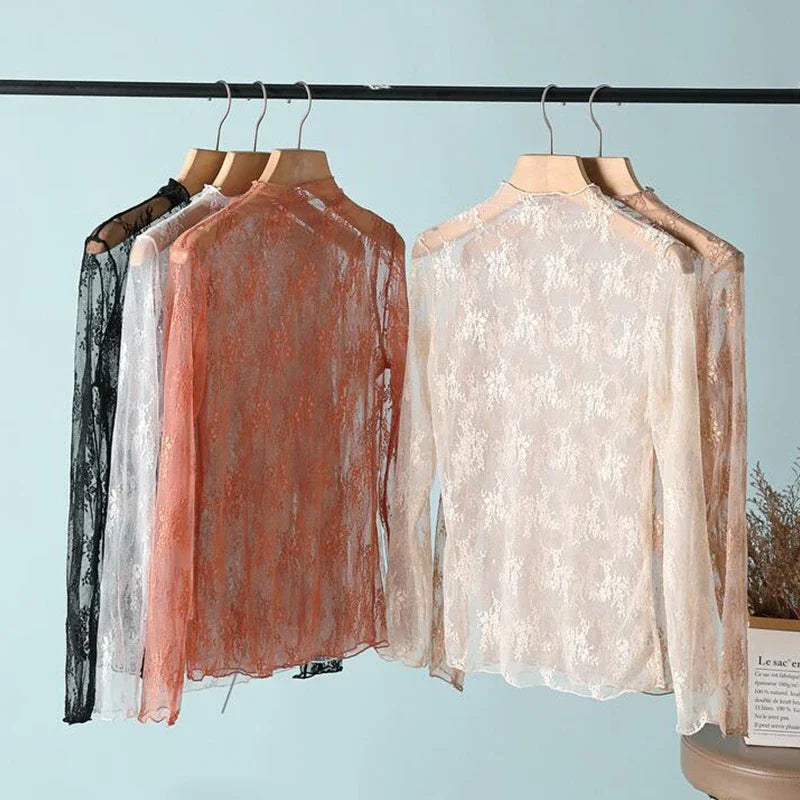 New Women Floral Lace Shirt Spring Autumn Long Sleeve Sexy Mesh Bottoming Shirts Mock Neck Blouse T-Shirt Pullover Top