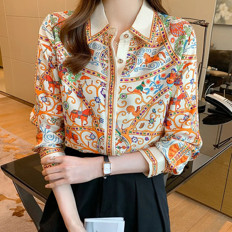 S-3XL Vintage Women Shirt Slim Autumn Long Sleeve Luxury Print Blouses Casual Tops Elegant Blusas рубашка женская قمصان وبلو