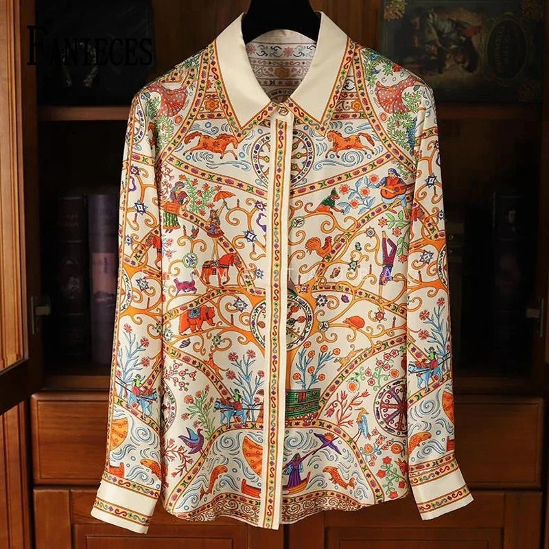 S-3XL Vintage Women Shirt Slim Autumn Long Sleeve Luxury Print Blouses Casual Tops Elegant Blusas рубашка женская قمصان وبلو